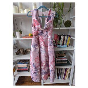 Twist Square Neck Belted Prom Skater Midi Dress In Floral Print - Size 2